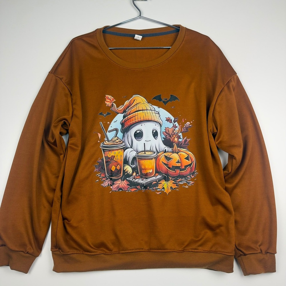 Simple Fashion Halloween Ghost Pumpkin Pullover Sweatshirt Burnt Orange XL